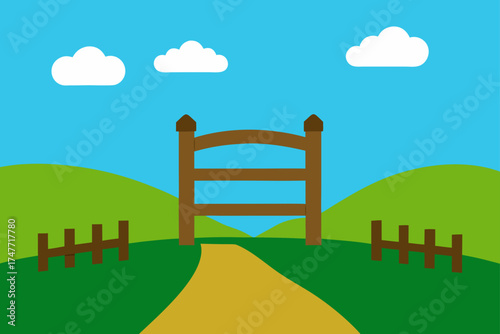 Illustration of a gate in a field with blue sky
