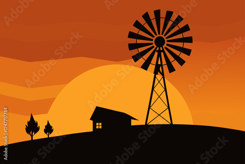 Silhouette landscape with windmill and house at dusk