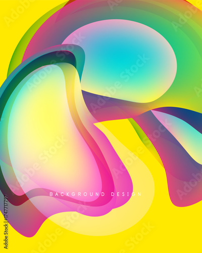 Abstract colorful shapes overlap, creating vibrant fluid design. Yellow background enhances dynamic visual effect. Modern, smooth gradients present.