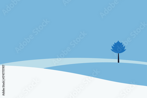 A winter landscape with a tree and snow covered hill