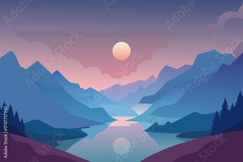 Landscape with mountains lake and sunset illustration