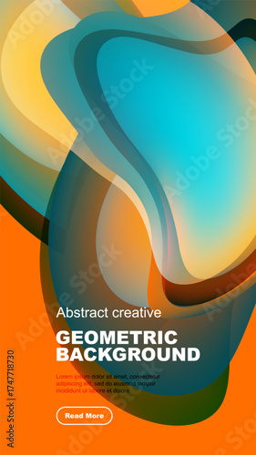 Vibrant abstract shapes overlap, creating dynamic colorful background. Text promotes geometric design, inviting further exploration.