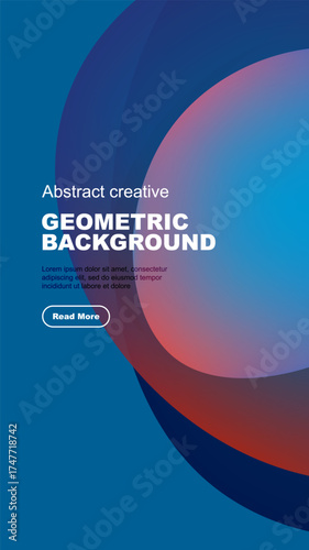 Abstract geometric background features overlapping colorful shapes. Text includes sample content, button for more information. Modern design.