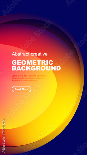 Abstract geometric background features vibrant color gradients. Text overlay includes sample content, button for more information.