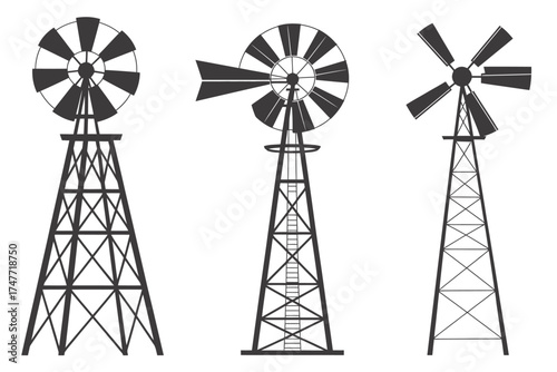 Collection of three distinct black and white windmill illustrations as scalable vector art vector