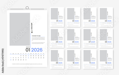12 page calendar design for 2026, 2026 corporate calendar template
