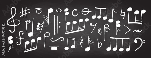 Crayon pastel or chalk music note signs doodle hand drawn symbol shapes set. Chalkboard textured musical symbols treble, bass clefs, pauses doodle collection.