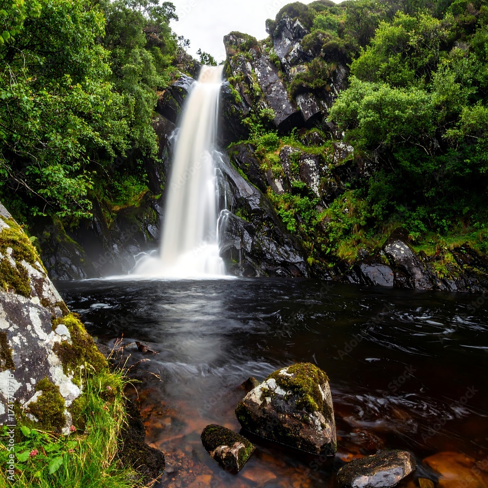 Obraz premium Scenic waterfall cascading into a dark pool, surrounded by lush green foliage