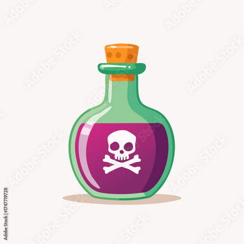 Cartoon illustration of a green glass poison bottle with purple liquid and a skull and crossbones label.