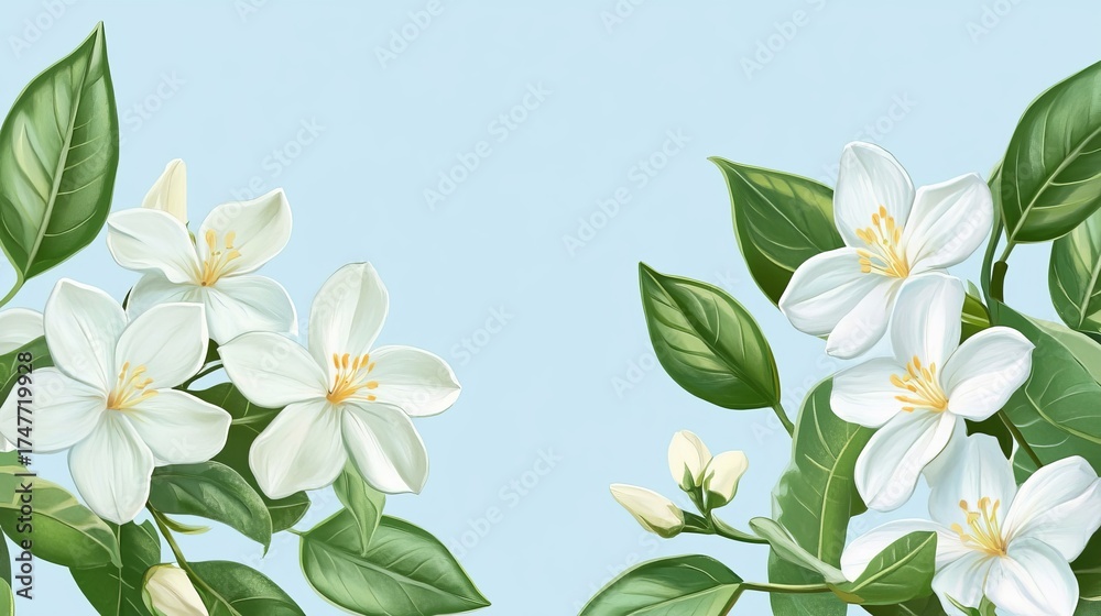 Fototapeta premium Delicate white jasmine flowers bloom with vibrant green leaves against a serene light blue background, perfect for serene and natural designs.
