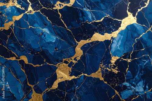 A stunning, luxurious abstract marble texture with rich swirling navy and cobalt blues, dramatically fractured by bright metallic gold veins.