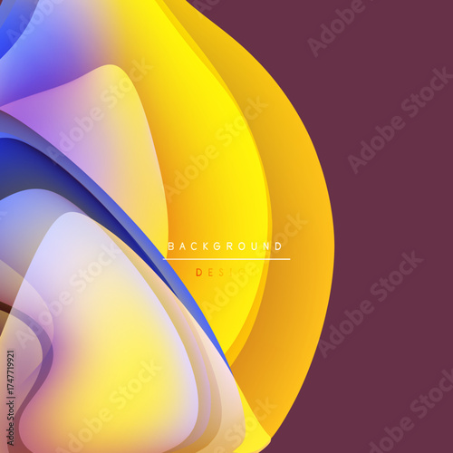 Abstract fluid shapes, vibrant colors blend. Yellow, blue, purple gradients create dynamic background design. Modern aesthetic.