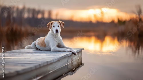 Fototapeta Naklejka Na Ścianę i Meble -  Lakeside Serenity: A loyal canine enjoys a moment of calm, resting contentedly on a wooden pier, with a serene lake and breathtaking scenery framing the peaceful moment.