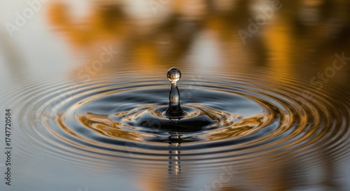 Water drop impact creates ripples in a golden, reflective surface