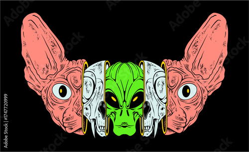 vector illustration of egypt spink cat alien skull