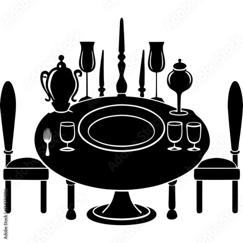 Illustration of a round table with a pedestal base and two chairs with dotted seats in black and white