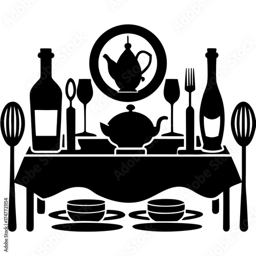 Illustration of a round table with a pedestal base and two chairs with dotted seats in black and white