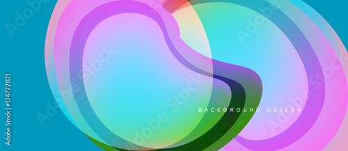 Abstract fluid shapes overlap, creating vibrant color gradients. Teal background complements pink, green hues. Modern design element.