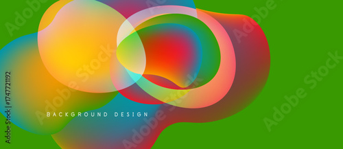 Abstract colorful shapes overlap on vibrant green background. Modern design elements create dynamic visual impact.