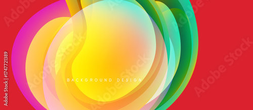 Abstract colorful layers create dynamic circular design. Bright gradients blend, forming modern background. Red stripe frames composition.