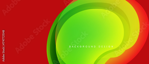 Abstract vibrant design features flowing shapes. Red, green, yellow hues blend seamlessly creating dynamic visual impact. Modern aesthetic.