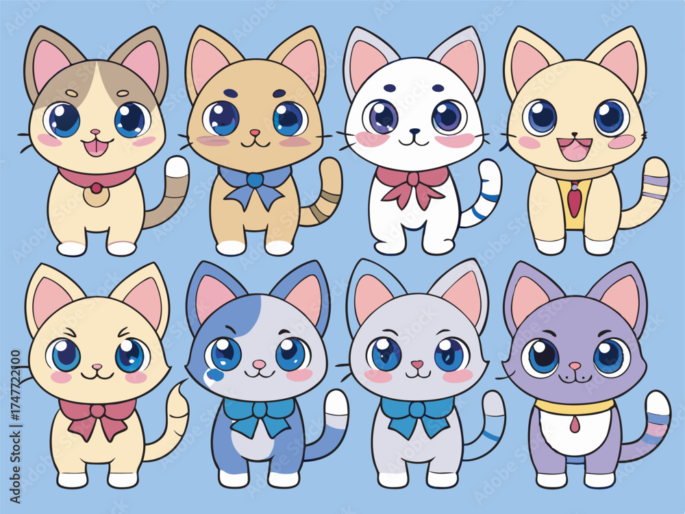 Naklejka premium Charming Array of Kawaii Cat Characters with Expressive Eyes and Playful Accessories Against a Soft Blue Background