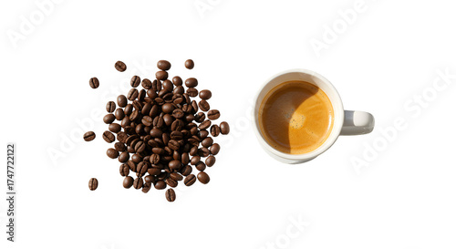 Isolated Photo Of Coffee Beans And Espresso Cup With Sunlight