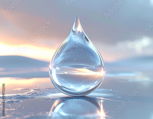 Purity of Water: A single, crystalline water drop, reflecting the beauty of the sky and the natural world, embodies the essence of life.  Ai generated image.