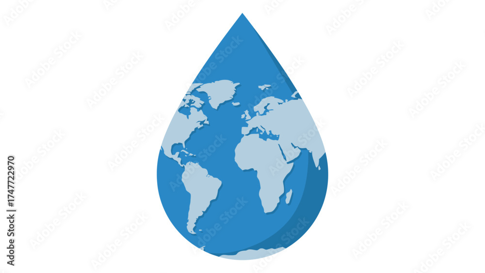 Obraz premium Flat vector single water droplet forming the shape of planet Earth, symbol of global purity and sustainability.