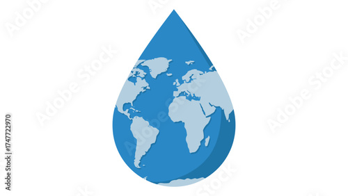 Flat vector single water droplet forming the shape of planet Earth, symbol of global purity and sustainability.