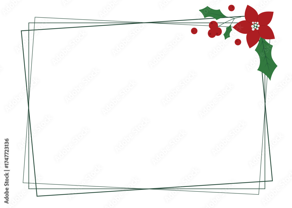 Fototapeta premium Horizontal square Christmas frame with empty space and green holly leaves, poinsettia flower, winter berries. Decorative element for design, card, invitation, sale.