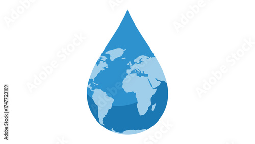 Flat vector single water droplet forming the shape of planet Earth, symbol of global purity and sustainability.