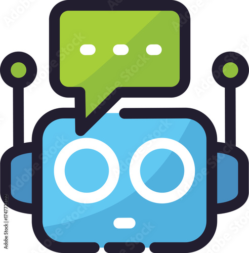 Blue chatbot with a green speech bubble for digital conversation, suitable for websites, apps, or social media designs.