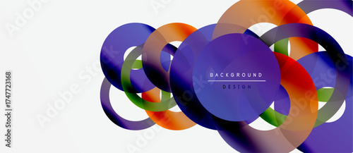 Abstract colorful overlapping circles create dynamic visual composition. Gradient shades blend, forming modern design element.