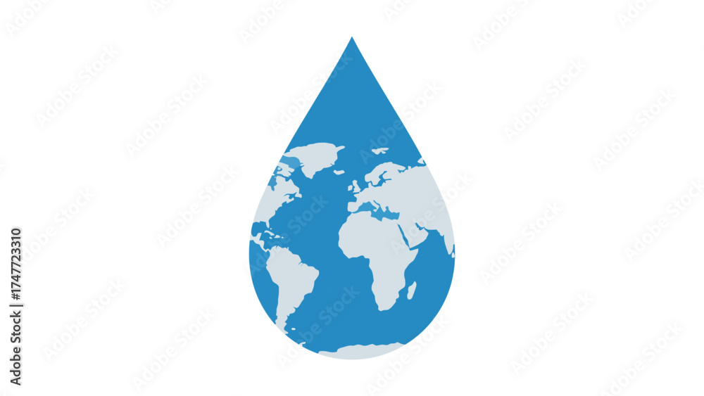 Obraz premium Flat vector single water droplet forming the shape of planet Earth, symbol of global purity and sustainability.