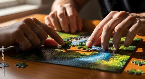 Two people working together to complete a jigsaw puzzle on a wooden table.