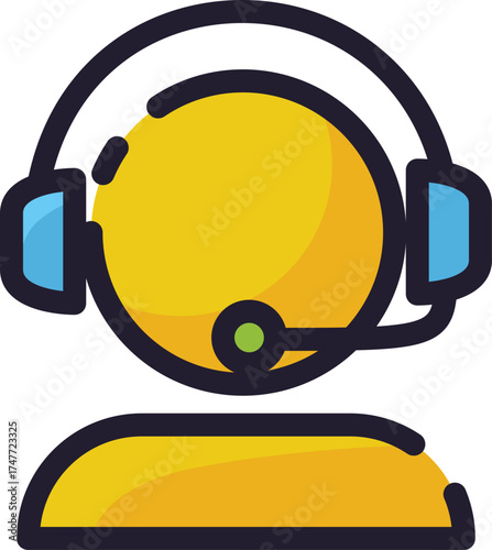 Yellow cartoon person engaged in online podcasting, exemplifying lively chat session with headphones and microphone. Great for podcasting concepts.