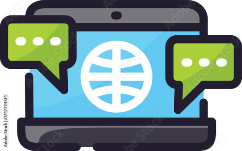 Chat tablet device with speech bubbles and globe icon, suitable for global communication concepts in technology and networking designs.