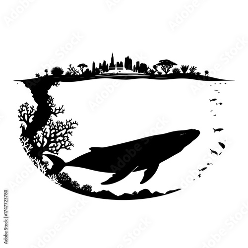 Whale silhouette ocean landscape with coral reef and city skyline art