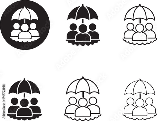 Family under umbrella icons in various styles on transparent background silhouette