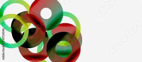 Abstract design features overlapping colorful circles. Green, red, black hues create dynamic composition. Minimalist style, modern aesthetic.