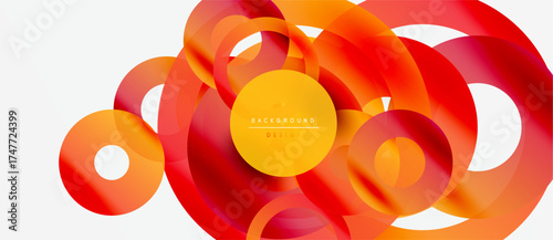 Abstract vibrant layers create dynamic circular composition. Red, orange hues dominate design, offering modern feel.