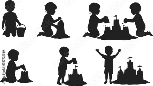 Children playing on beach, building sandcastles, silhouette of kids with buckets, summer vacation fun, happy childhood, seaside activity, teamwork, joy.