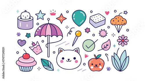 Adorable Kawaii Style Icons Including Cat Apple and Umbrella on White Background Keywords: adorable, kawaii, style, icon, cat, apple, umbrella