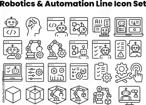Editable black and white line vector icons showing service robots, cleaning systems, hotel assistance, and automation tech