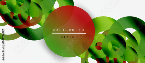 Abstract design features overlapping circles, vibrant green, red hues. Modern aesthetic, clean lines, simple composition. Background element.