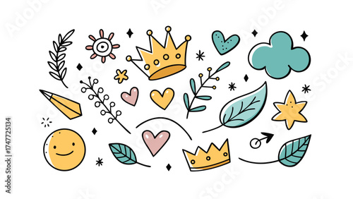 Colorful Doodle Elements Collection With Crowns Hearts Leaves And Clouds Keywords: doodle, hand drawn, sketch, illustration, graphic, design
