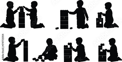 Children silhouette playing with building blocks, kids learning activity, creative play, teamwork, early education, childhood development, imagination growth concept