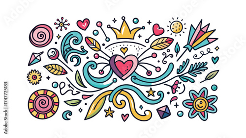 Colorful Doodle Elements Heart Crown Flowers Sun Lollipop Keywords: doodle, hand drawn, illustration, heart, crown, flower, sun, lollipop, swirl