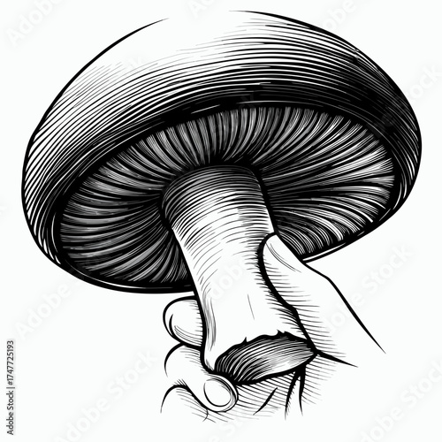 Detailed illustration of a hand holding a mushroom in a foraging concept
